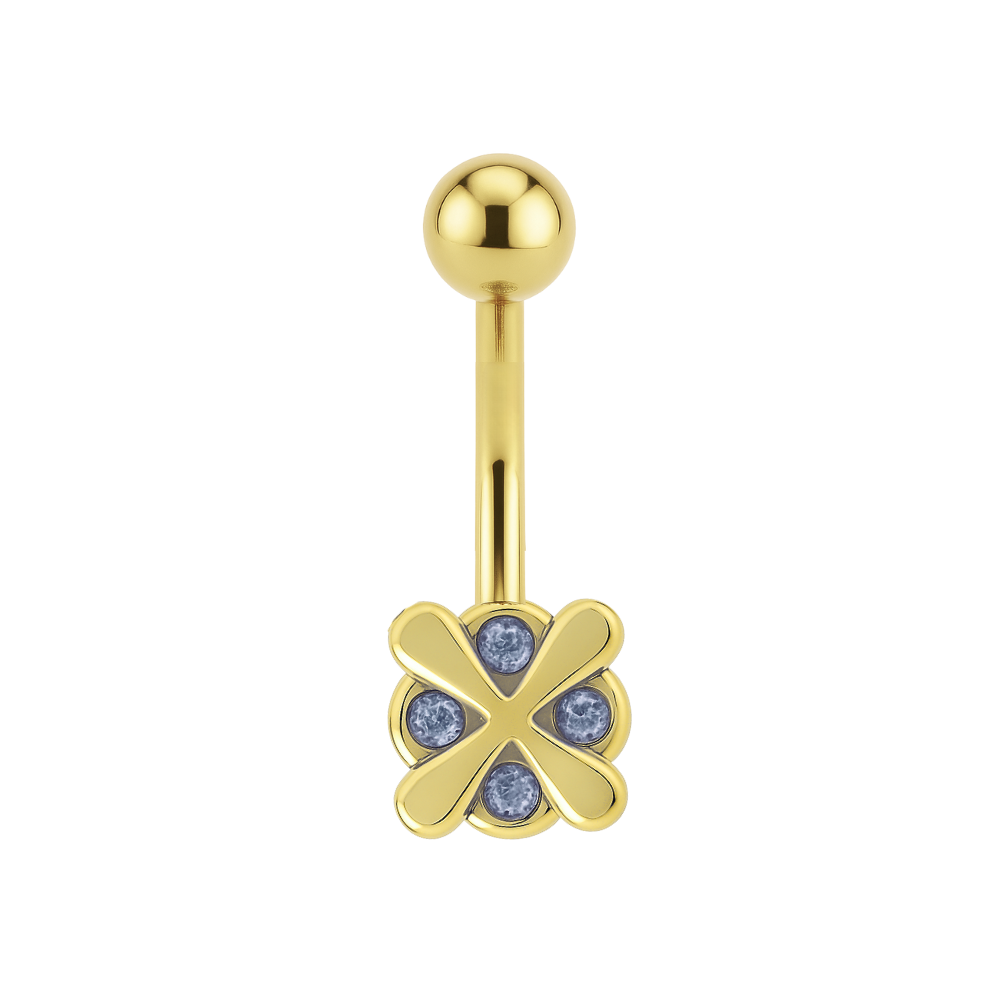 14K gold iron cross belly ring with deep blue studded gems. Unique and eye-catching design ideal for stylish body jewelry lovers.