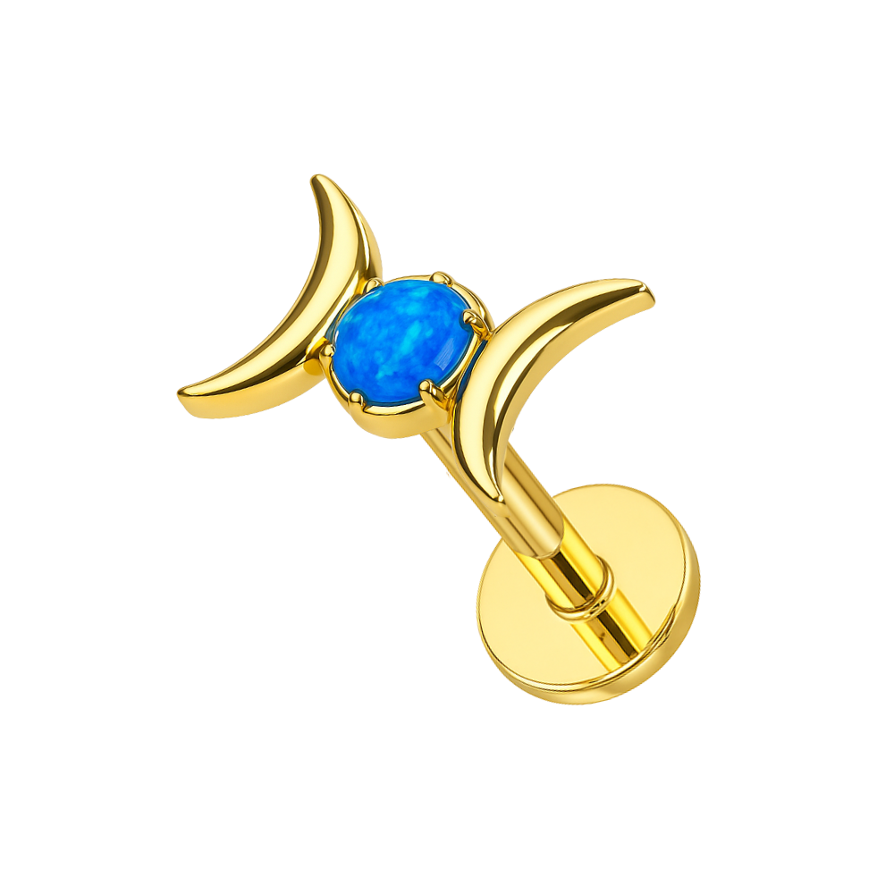 Gold G23 titanium flatback stud with vibrant blue opal and moon phase design. Push-fit style for easy wear and removal.