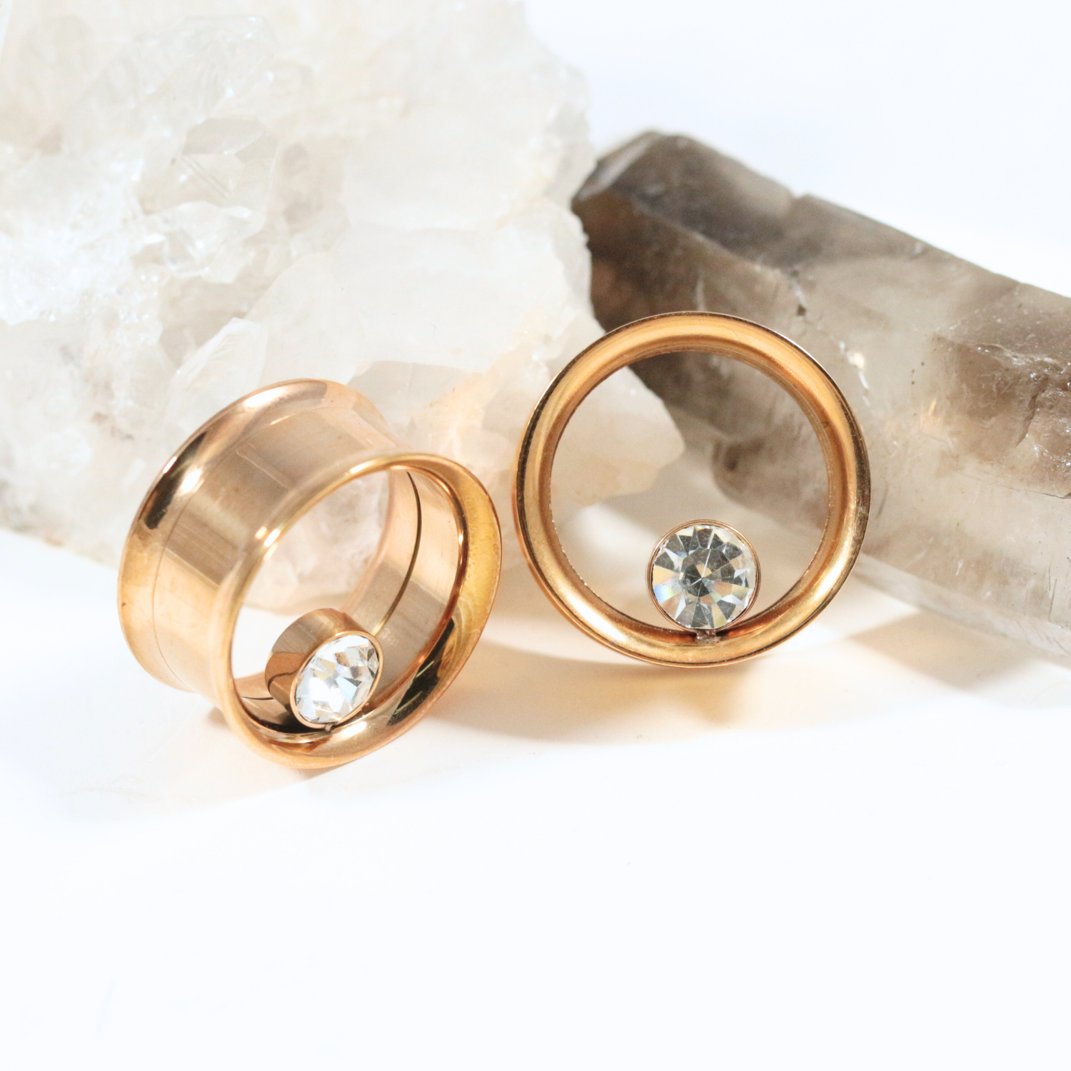 316L Surgical Steel Rose Gold Bezel Set Stone Internally Threaded Tunnel - Monster Piercing