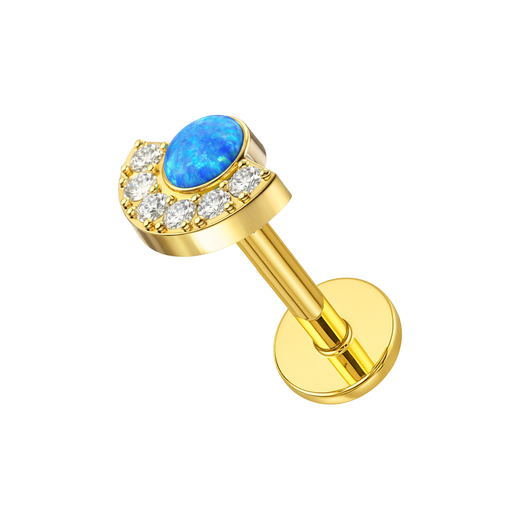 Blue opal and CZ Crescent Threadless Stud in gold G23 titanium, designed for cartilage or tragus piercings with secure flatback fit.