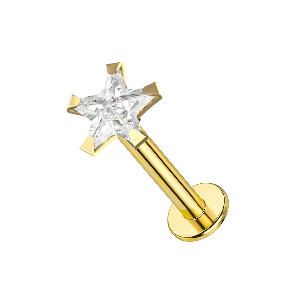14K Gold Internal Lip Labret with Star Cubic Zirconia Push Fit Top - Monster Piercing