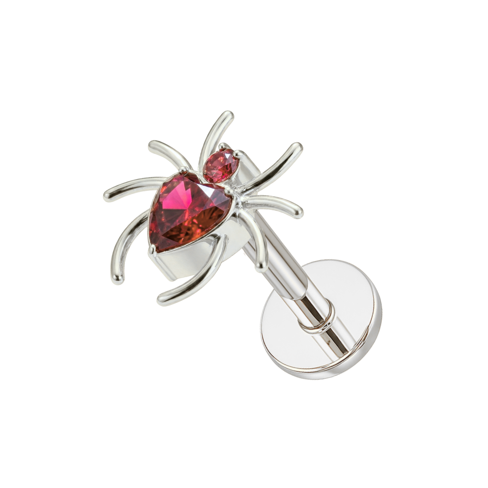 Silver G23 titanium spider heart threadless labret stud with pink heart and round CZ stones, perfect for helix or tragus piercings.