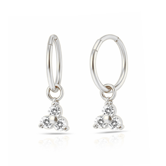 925 Sterling Silver Tri CZ Jewelled Drop Hinged Clicker Earrings