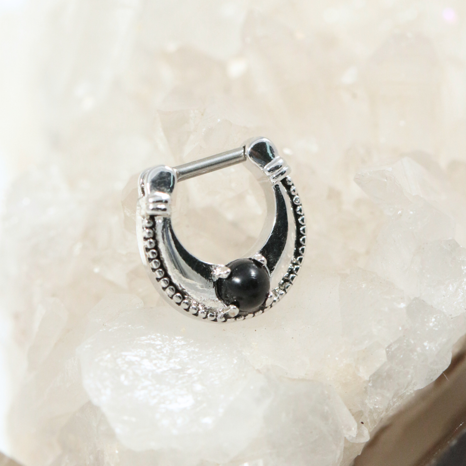 316L Surgical Steel Plain Dotted with Black Stone Jewelled Septum Clicker Ring - Monster Piercing