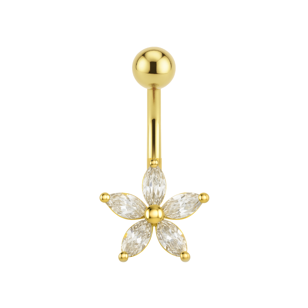 Exquisite 14ct gold jewelled pentas dangling belly ring featuring a floral design with five marquise-cut crystals. Elegant navel jewelry for stylish looks.