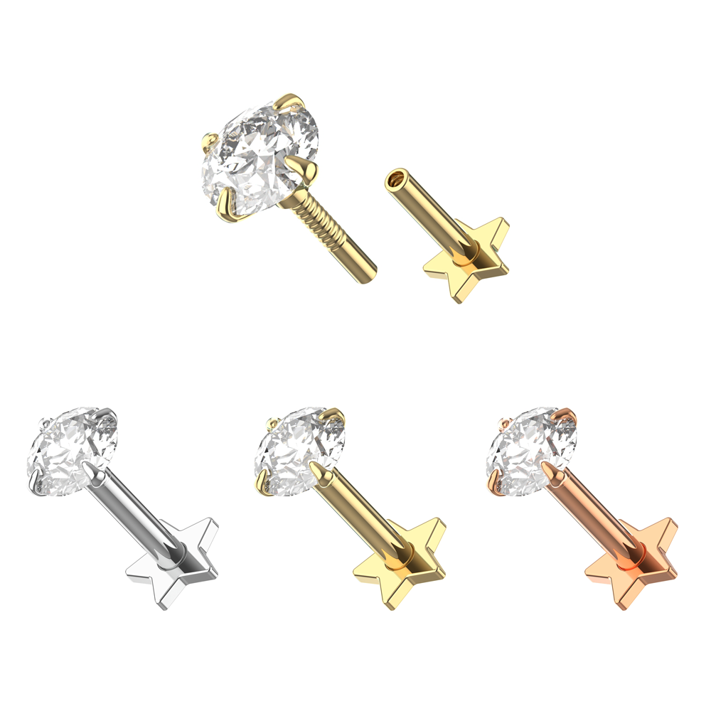925 Sterling Silver Round CZ Jewelled Internally Threaded top with Star Base Labret - Monster Piercing