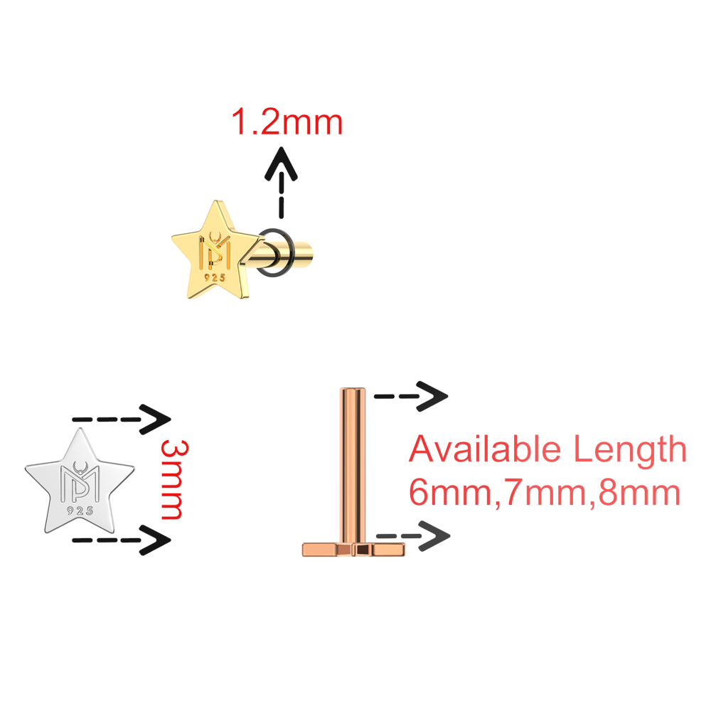 925 Sterling Silver Internally Threaded Star Back Labret Bar