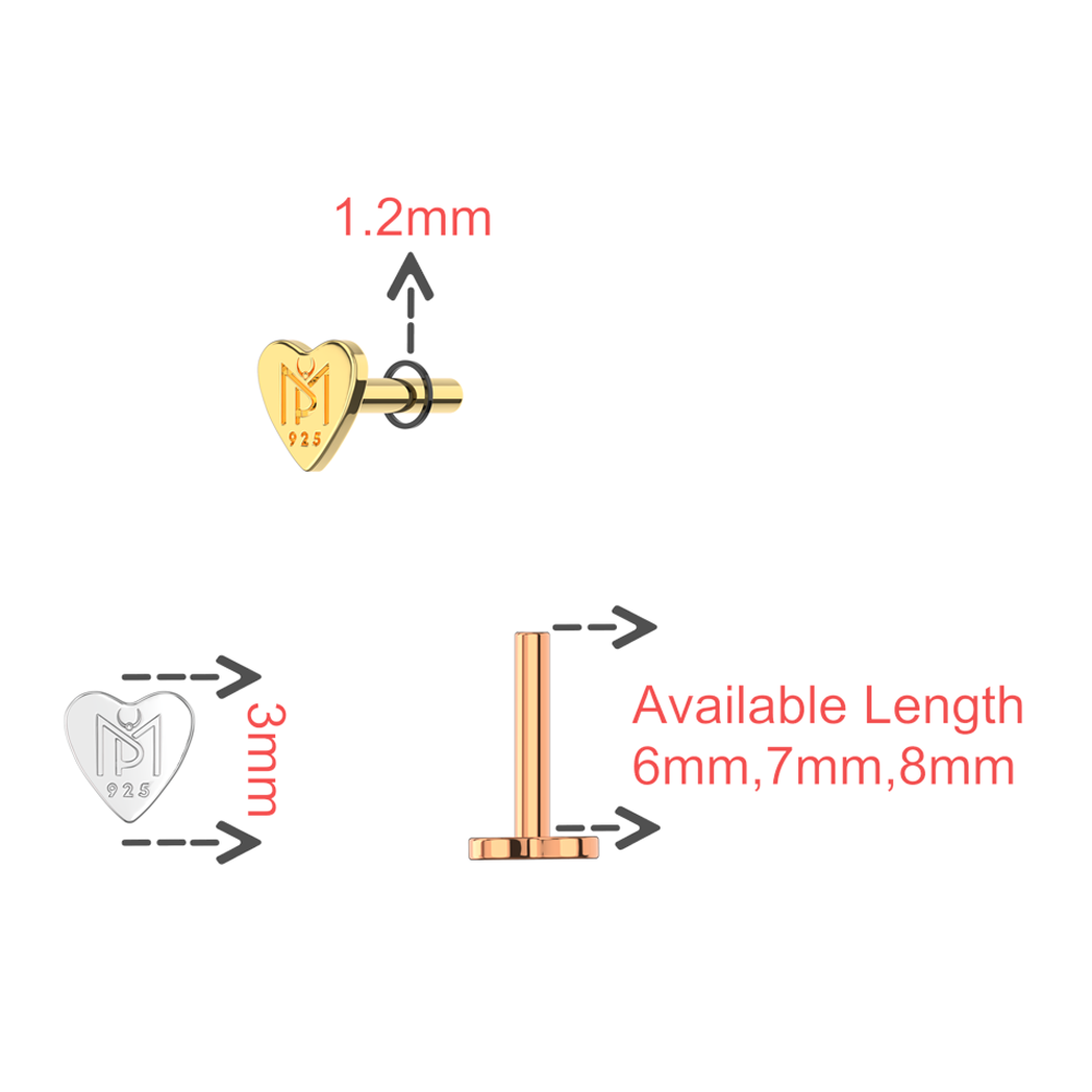 925 Sterling Silver Push-Fit Heart Back Labret Bar - Monster Piercing