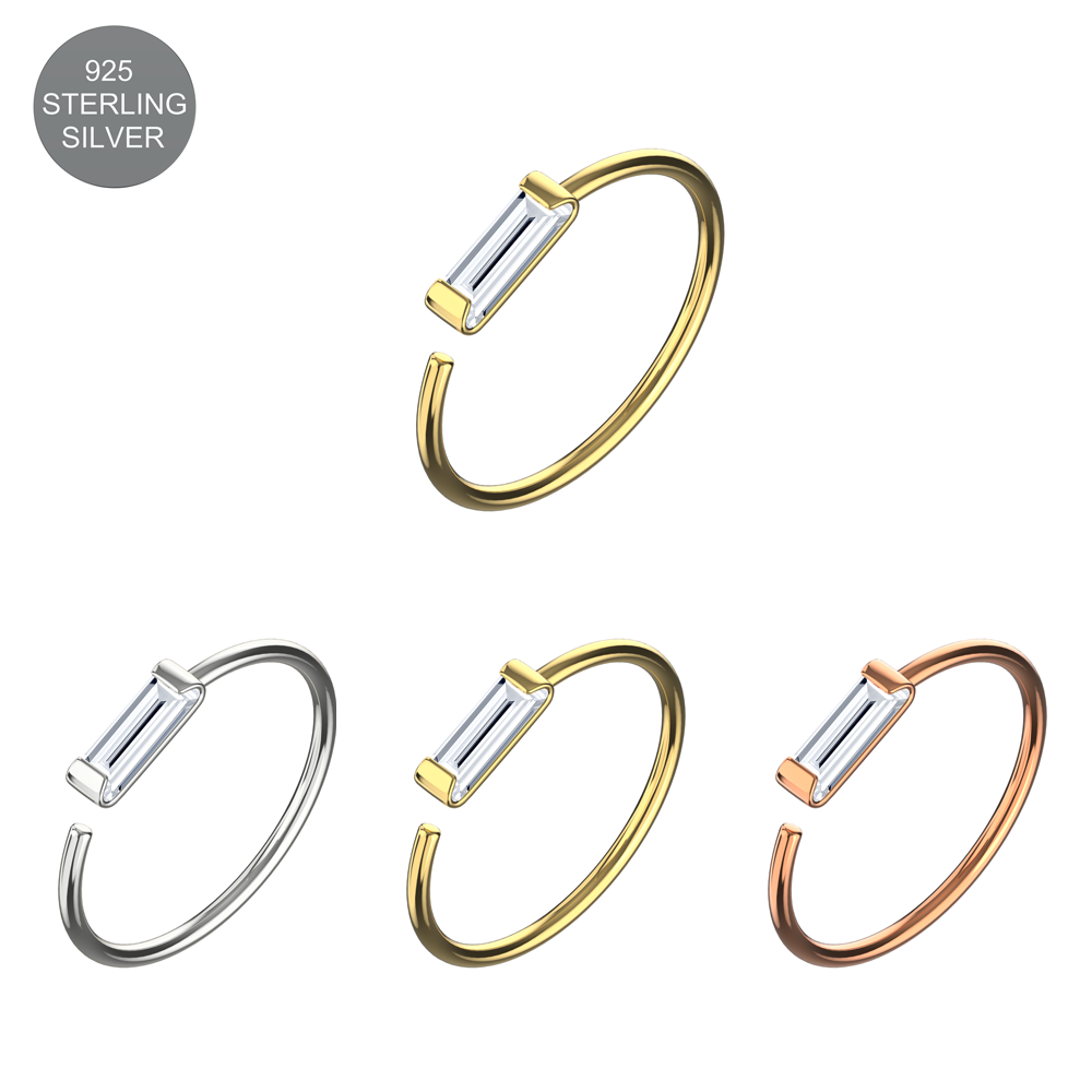 925 Sterling Silver CZ Bar Jewelled Nose Hoop Ring - Monster Piercing