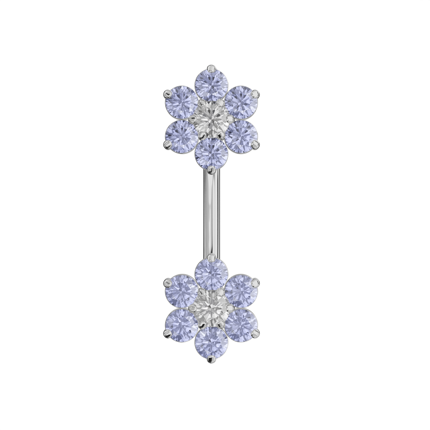 925 Sterling Silver Jewelled Twin Flowers Spinal Belly Button Ring