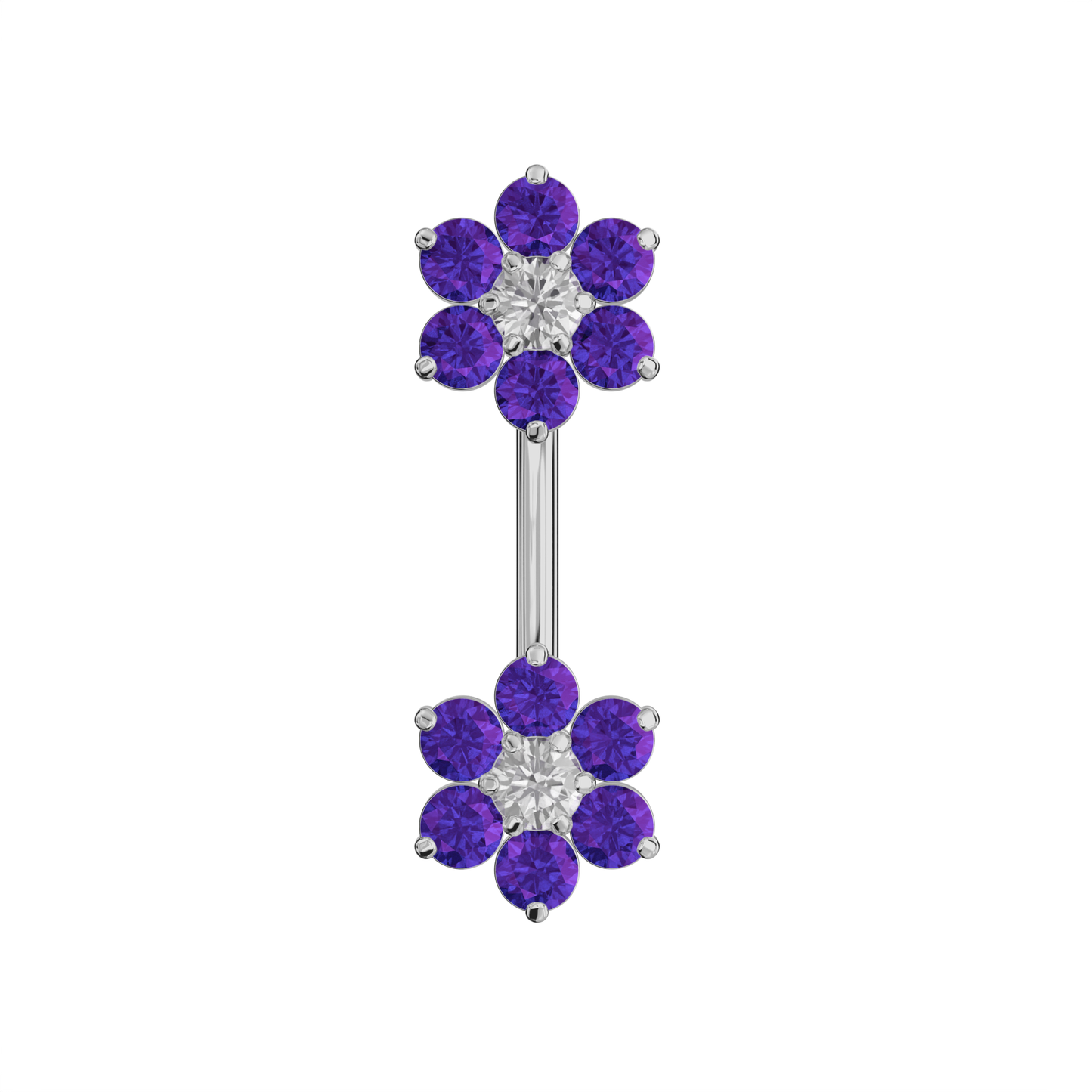 925 Sterling Silver Jewelled Twin Flowers Spinal Belly Button Ring