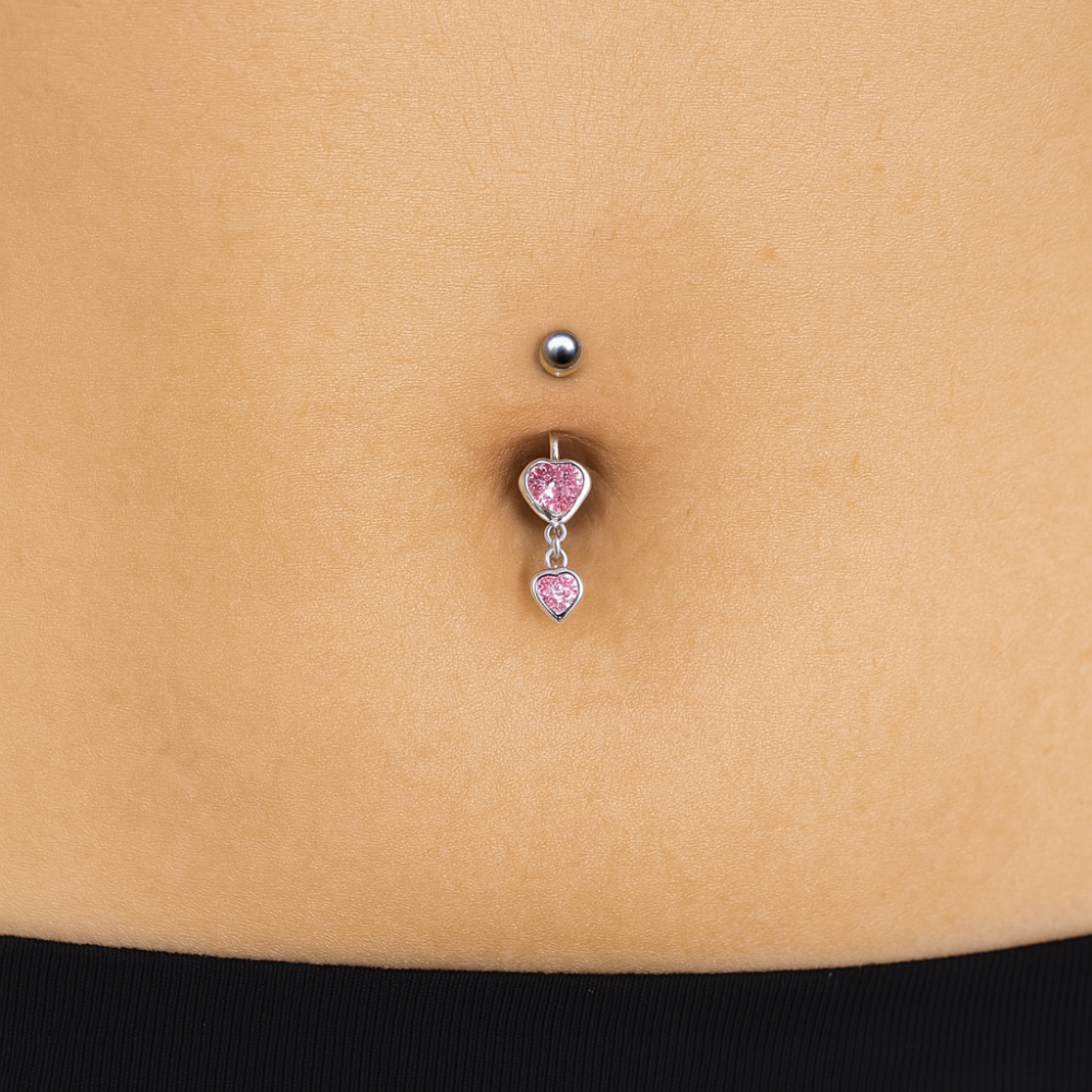 925 Sterling Silver Moving Duel Jewelled Heart Belly Ring - Monster Piercing