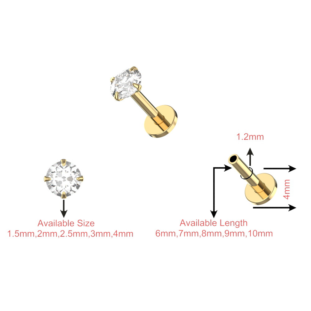 925 Sterling Silver Round CZ Jewelled Thread-less Push-Fit With Flatback Stud - Monster Piercing
