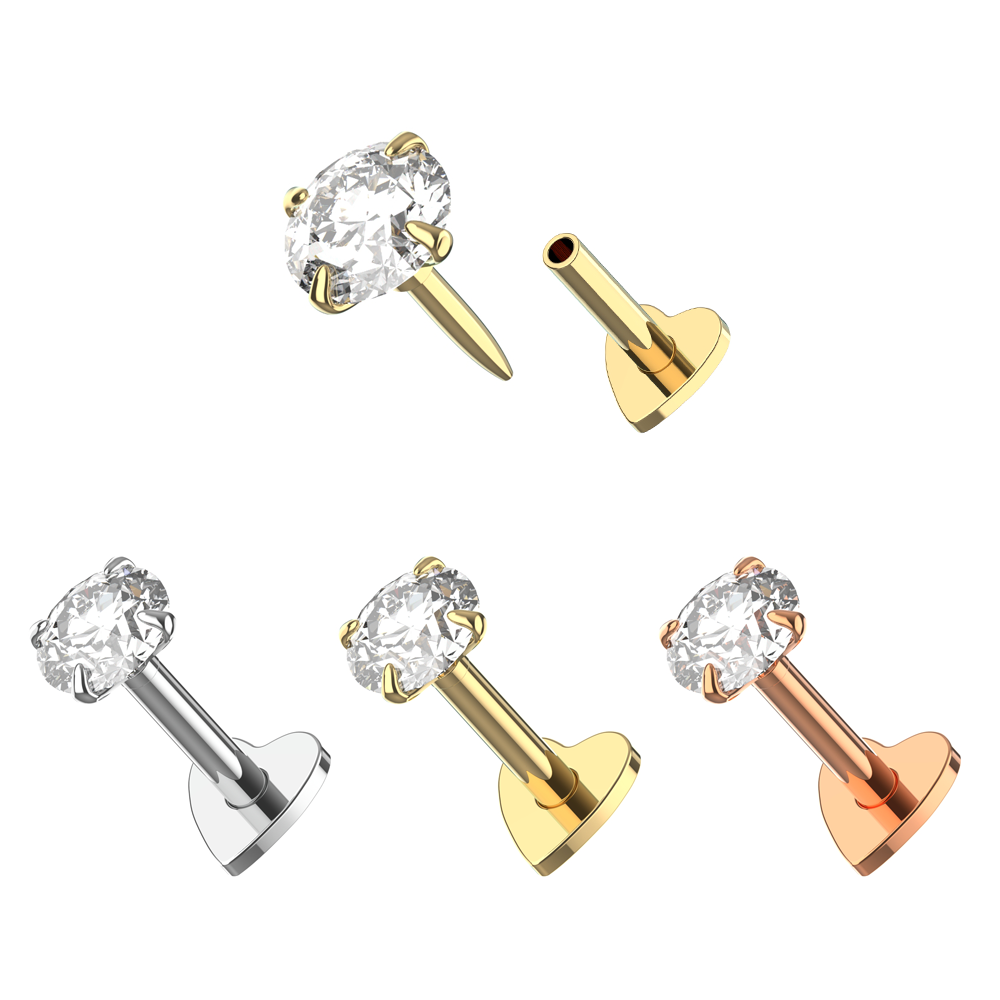 925 Sterling Silver Round CZ Jewelled Thread-less Push-Fit With Heart Flatback Stud - Monster Piercing