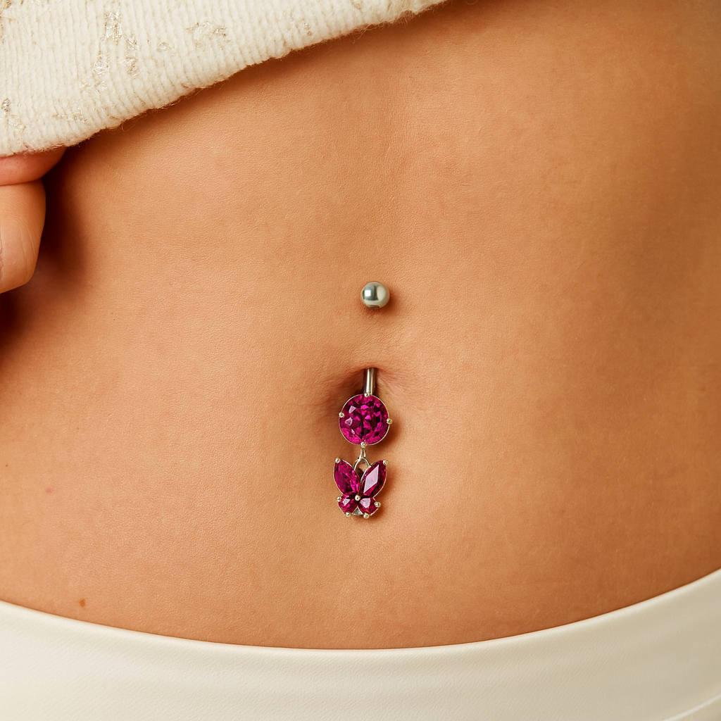 925 Sterling Silver Round CZ Jewelled with Dangling Butterfly Belly Piercing Belly Piercings Clear Clear Lavender Aquamarine Dark Blue Pink Red Purple Emerald Peridot Black Mix