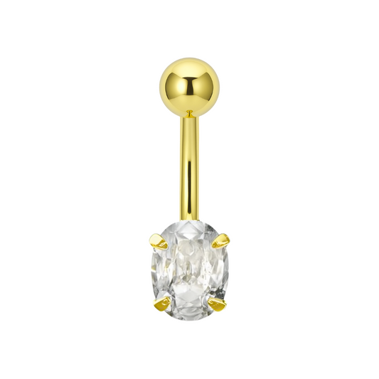 14K Gold Oval CZ Jewelled Internally Threaded Belly Ring - Monster Piercing