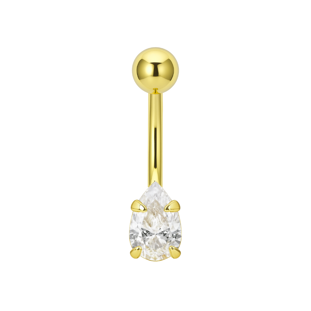 14K Gold Pear CZ Jewelled Internally Threaded Belly Ring - Monster Piercing