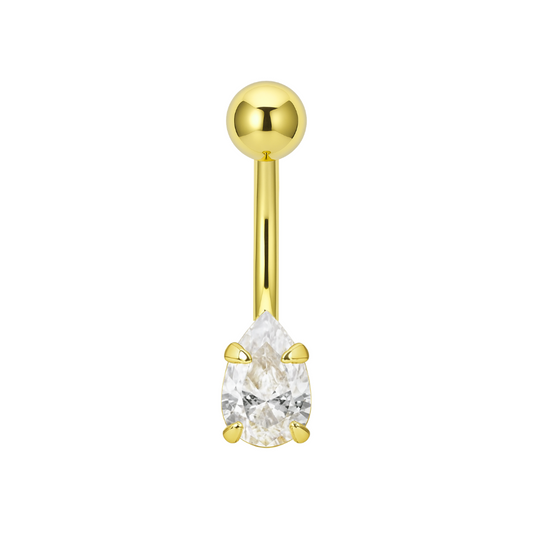 14K Gold Pear CZ Jewelled Internally Threaded Belly Ring - Monster Piercing
