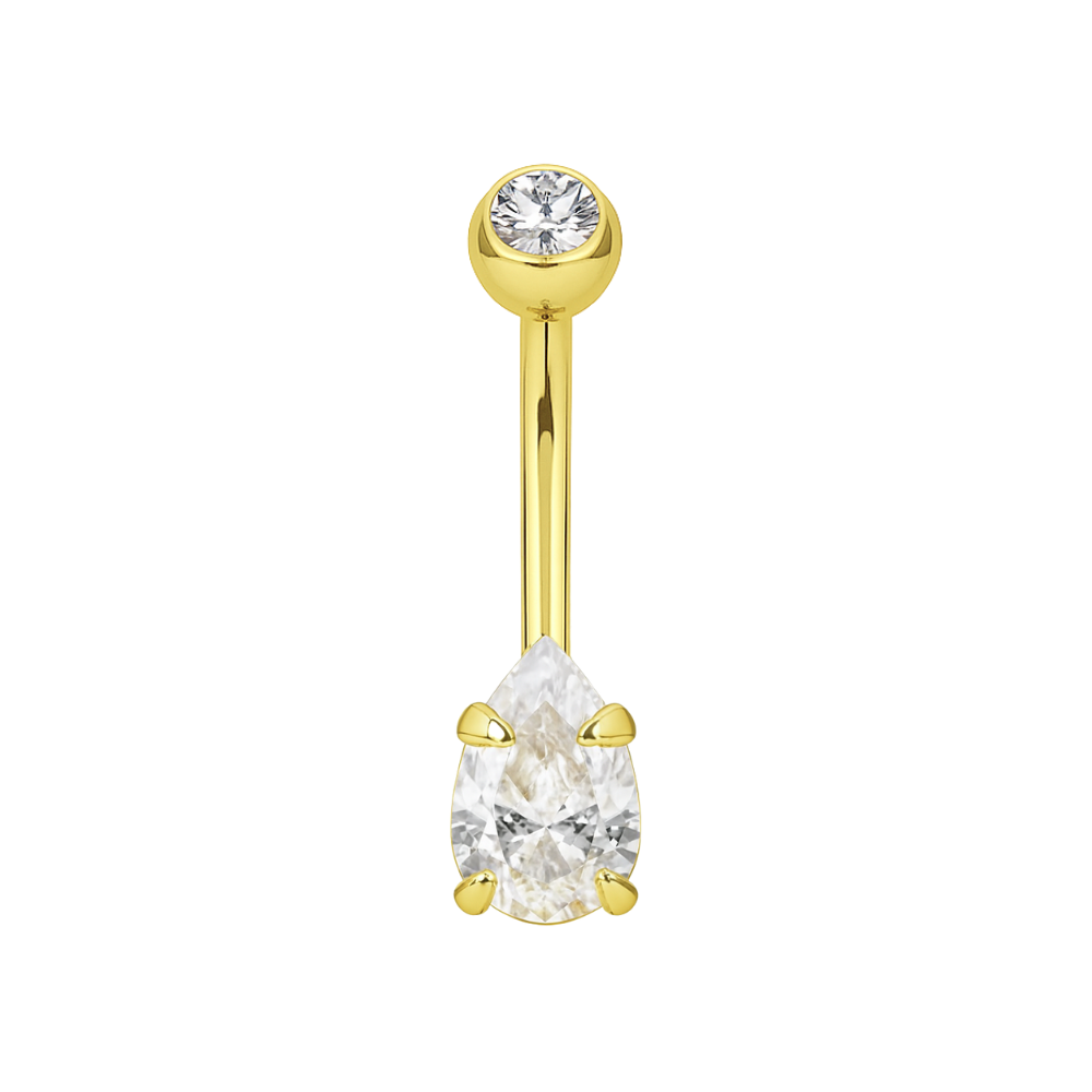 14K Gold Pear Cut CZ Jewelled Internally Threaded Top Ball With CZ Belly Ring - Monster Piercing
