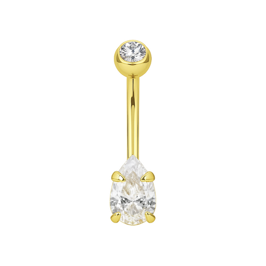 14K Gold Pear Cut CZ Jewelled Internally Threaded Top Ball With CZ Belly Ring - Monster Piercing