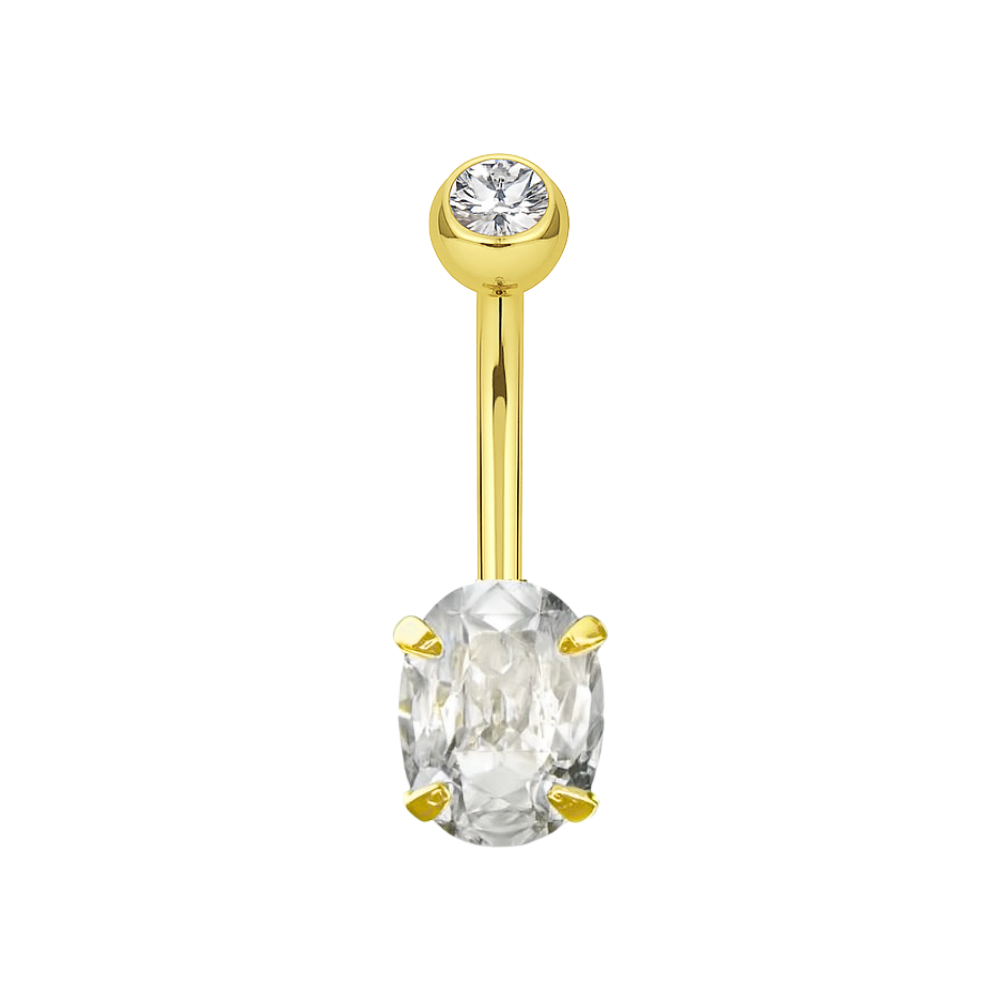 14K Gold Oval Cut CZ Jewelled Internally Threaded Top ball With CZ stone Belly Ring