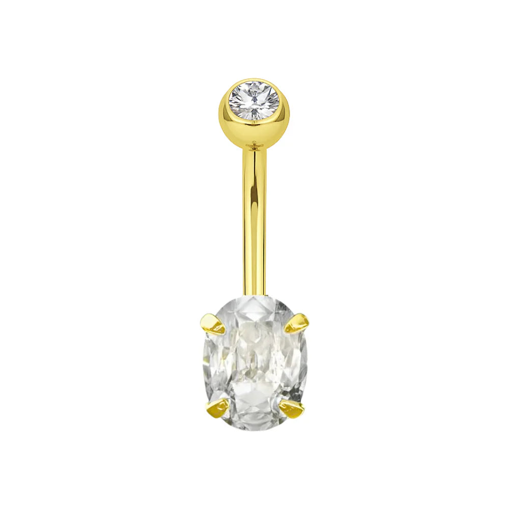 9K Gold Oval Cut CZ Jewelled Internally Threaded Top ball With CZ stone Belly Ring