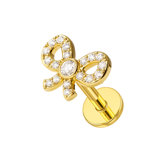 316L Surgical Steel CZ Jewelled Bow Internally Threaded Flatback Stud