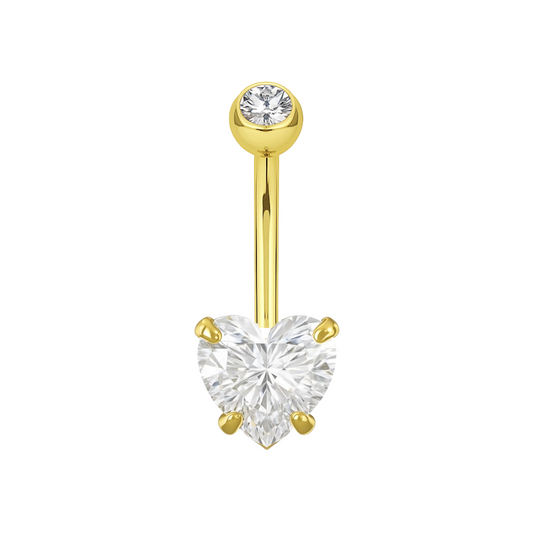 14K Gold Heart Shaped CZ Jewelled Internally Threaded Top Ball With CZ Belly Ring - Monster Piercing