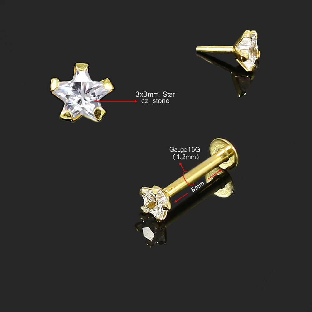 9K yellow Gold Star Cut Cubic Zirconia Stone Top Internal Push Type Stud - Monster Piercing