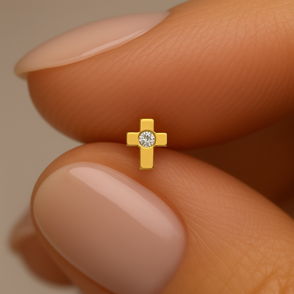 9K Gold Cubic Zirconia Jewelled Cross Design Nose Bone - Monster Piercing