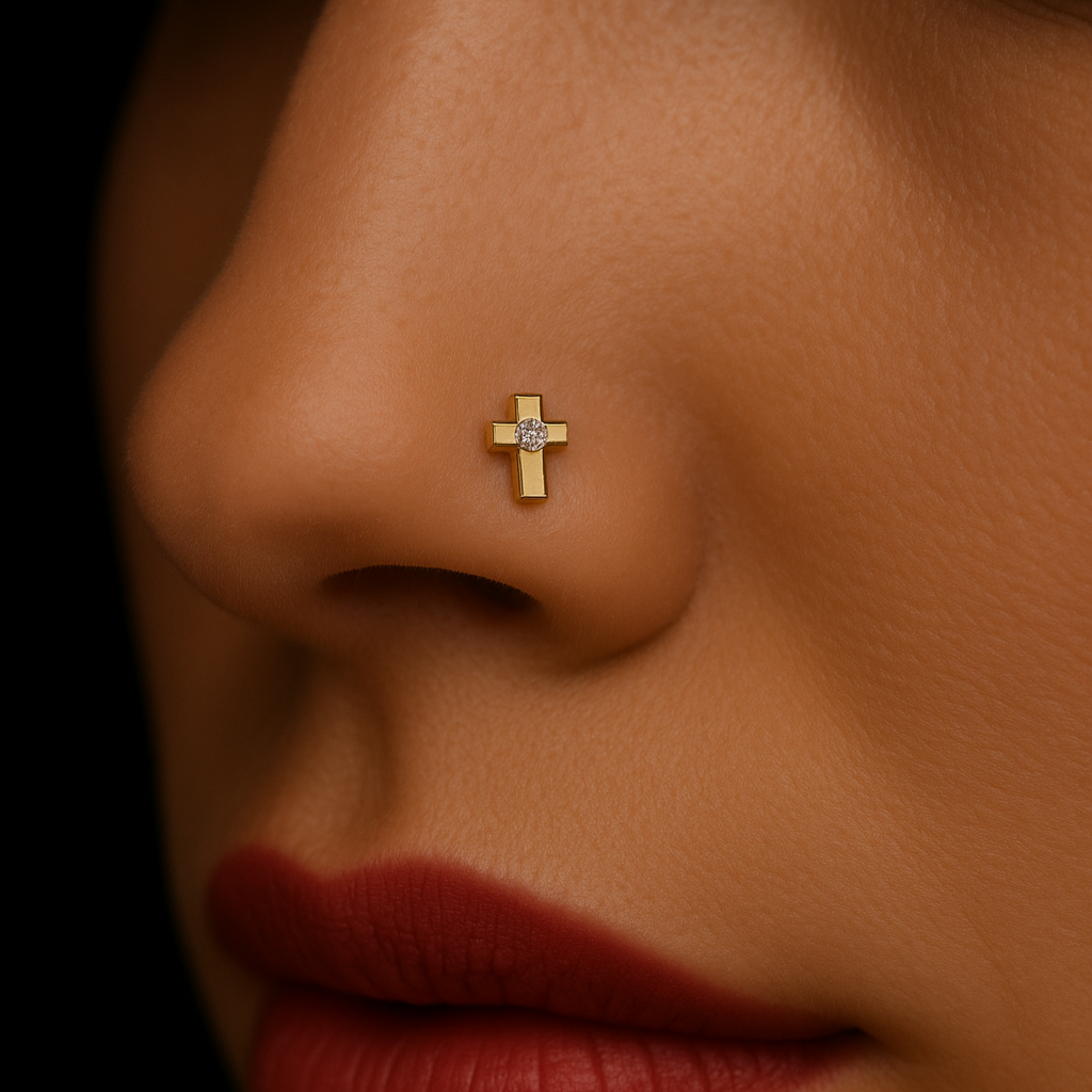 9K Gold Cubic Zirconia Jewelled Cross Design Nose Bone - Monster Piercing