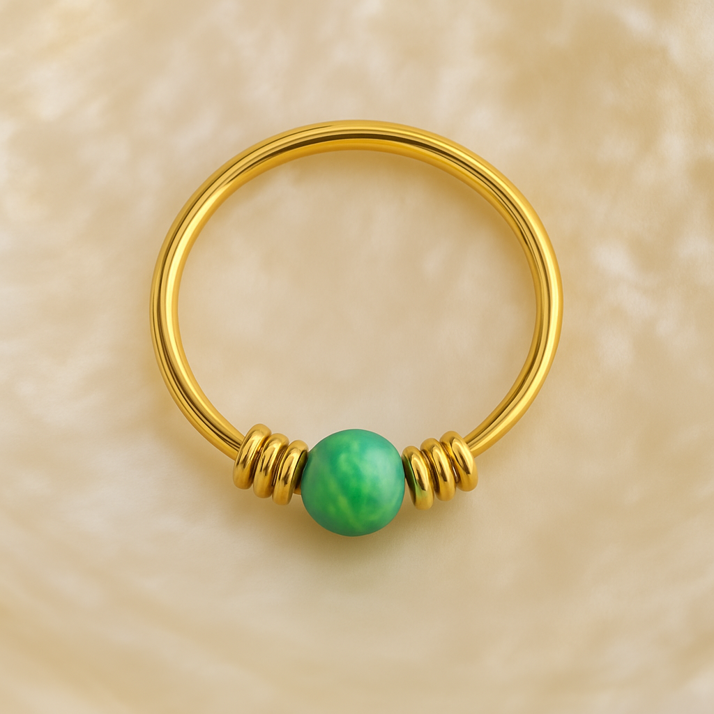 9K Gold Spring Coil-End with Opal Stone Hoop Nose Ring - Monster Piercing
