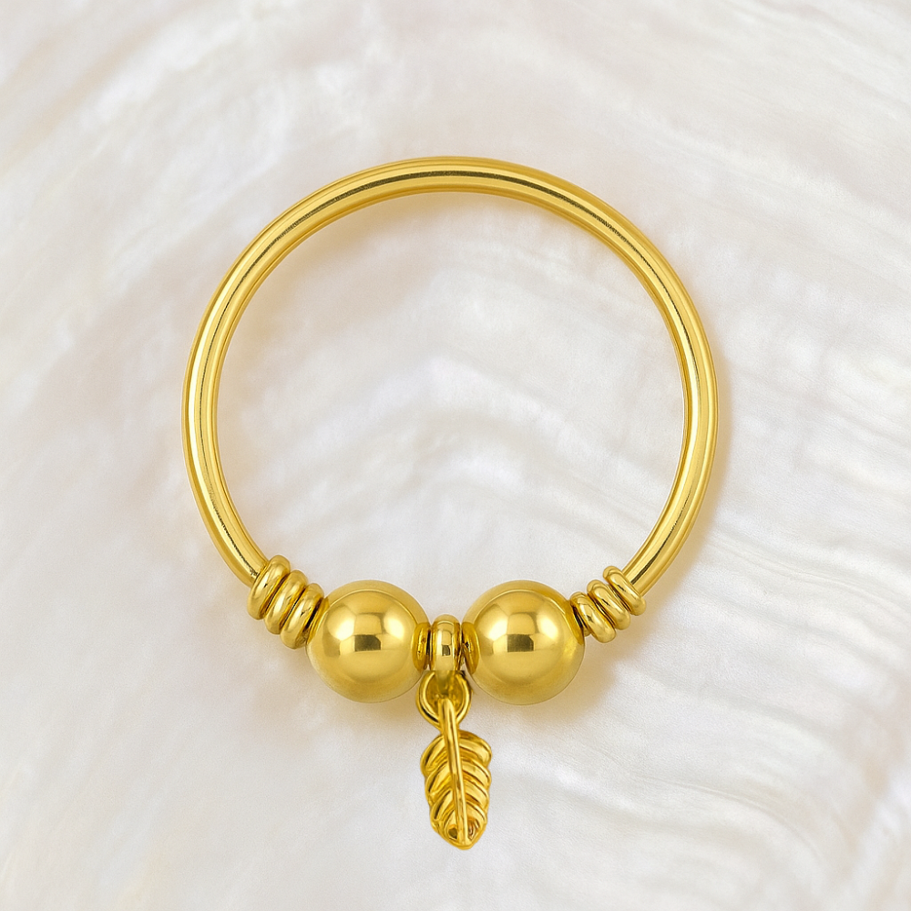 9K Gold Spring Coil and Gold Beaded with Leaf Charm Nose Hoop Ring - Monster Piercing
