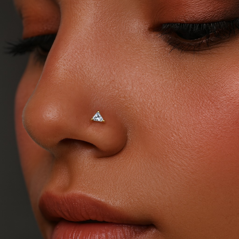 9K Gold Triangle Cut Cubic Zirconia Jewelled Nose Bone - Monster Piercing