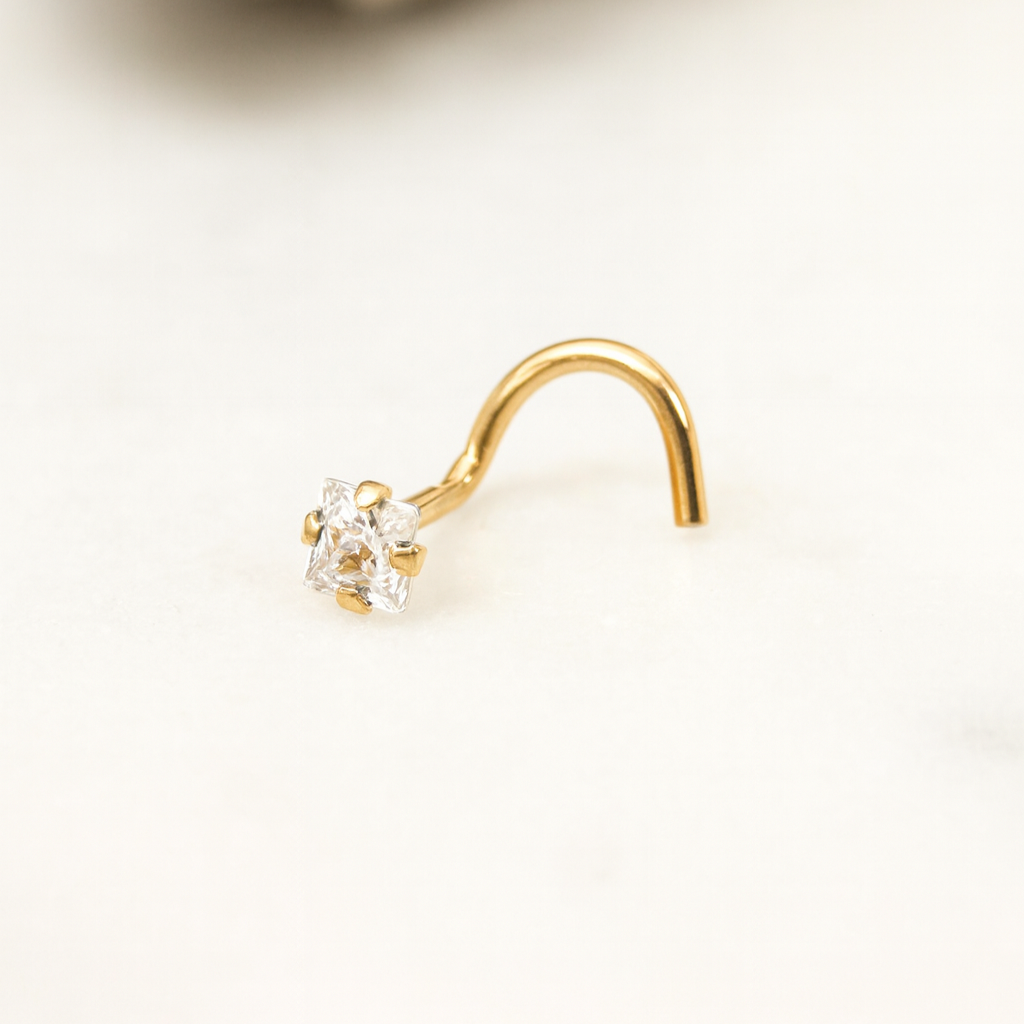 14K Gold Square CZ Jewelled Nose Screw - Monster Piercing