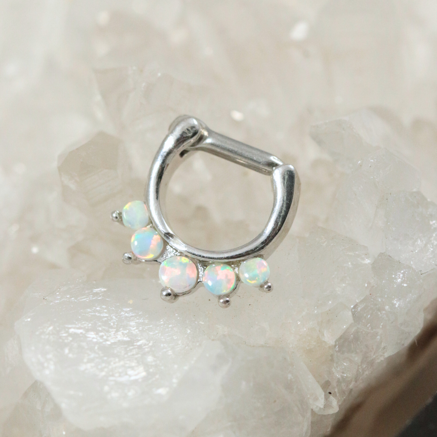 316L Surgical Steel Synthetic White Opal Septum Clicker Ring - Monster Piercing