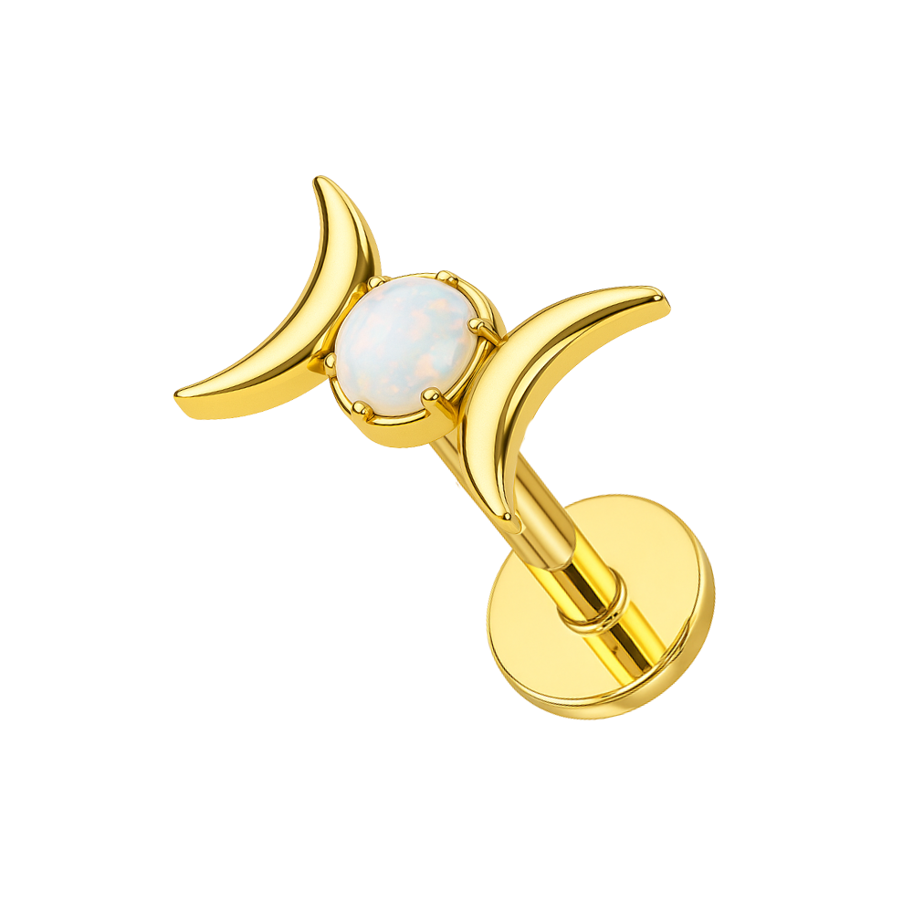 Gold G23 titanium opal moon phase flatback stud with threadless push-fit design for cartilage, tragus, or helix piercings. Celestial-inspired jewelry.