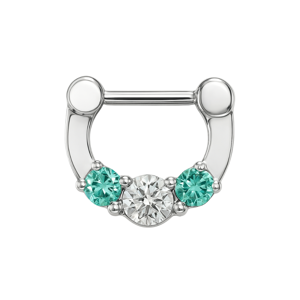 316L Surgical Steel Three Pronged White and Aqua CZs Septum Clicker Ring