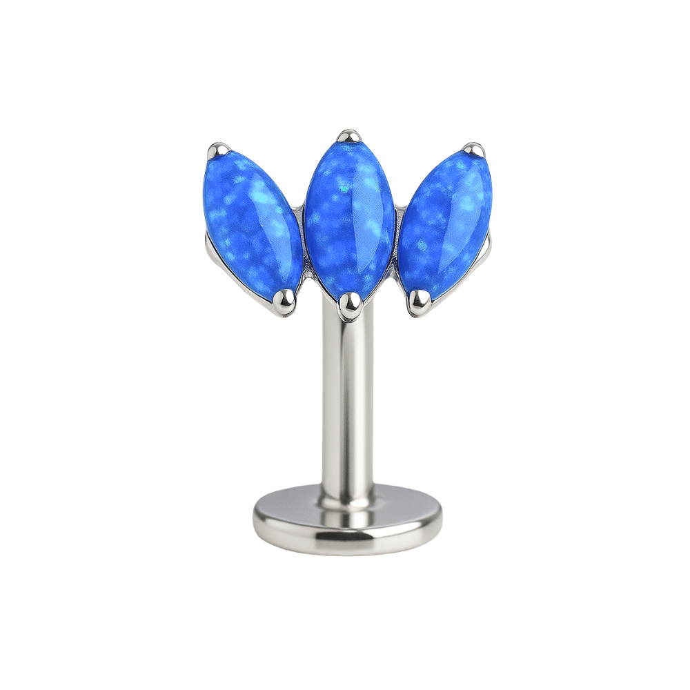 G23 titanium tri marquise opal jewelled threadless floating belly ring featuring deep blue opals in a polished silver base. Elegant and body-safe design.