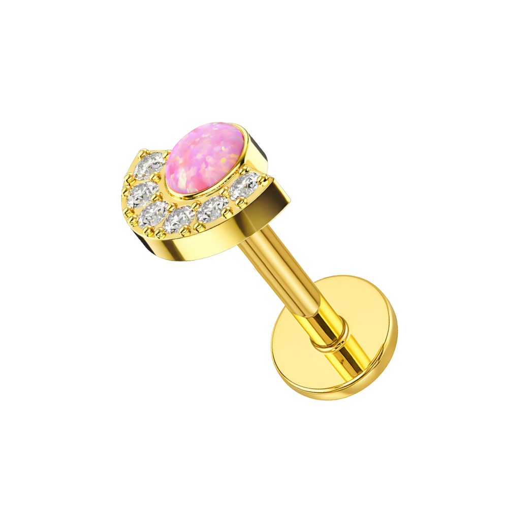 Pink opal and CZ Crescent Stud in gold G23 titanium, threadless flatback design for stylish and secure cartilage or labret wear.