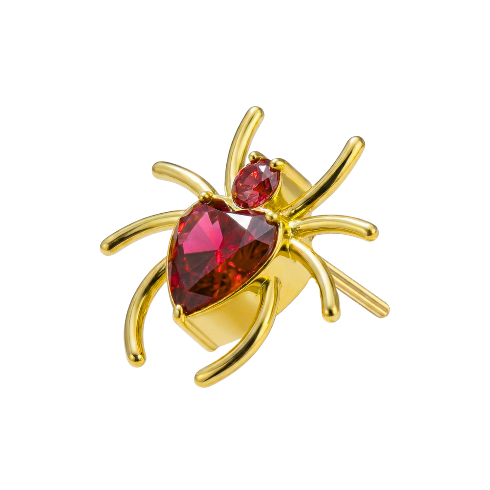 Gold G23 Titanium Spider Heart Threadless Accessory Top with red cubic zirconia stones, perfect for tragus or flat back piercings.