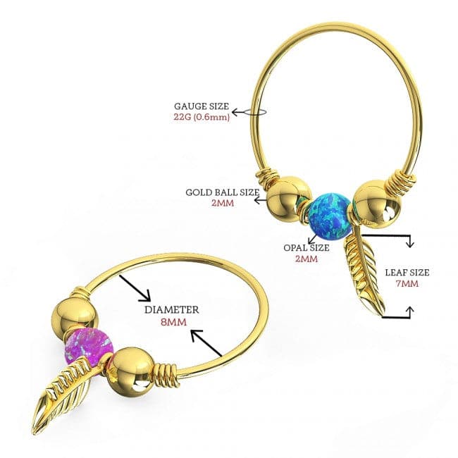 14K Gold Opal Bead with Leaf Charm Nose Hoop Ring - Monster Piercing