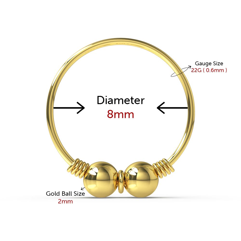 9K Gold Coil and Double Bead Nose Hoop Ring - Monster Piercing