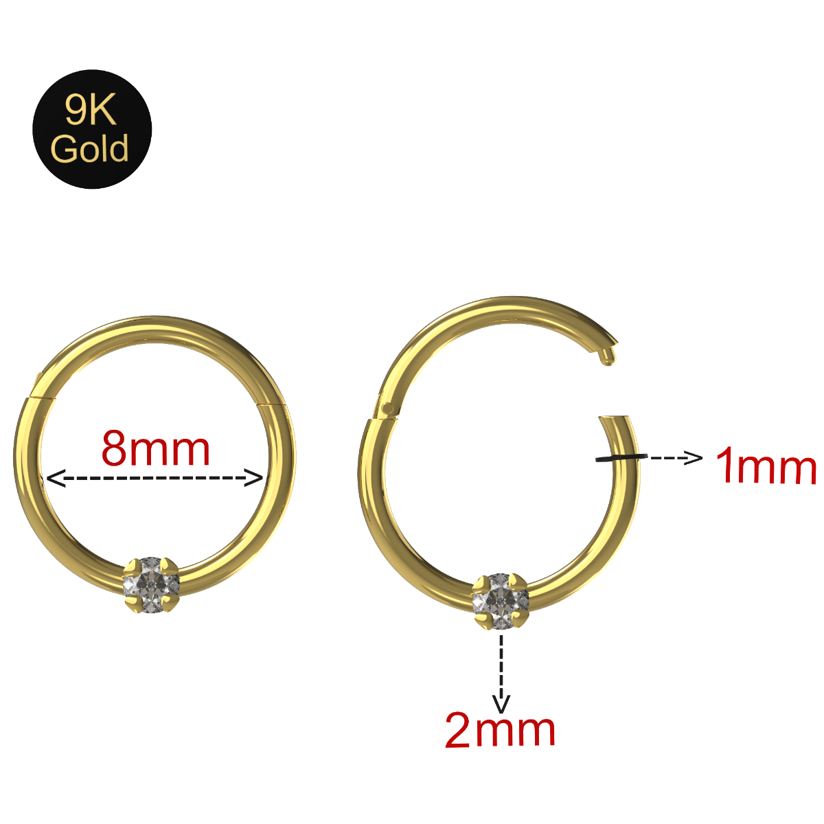 9K Gold Single Cubic Zirconia Hinged Segment Clicker Ring - Monster Piercing