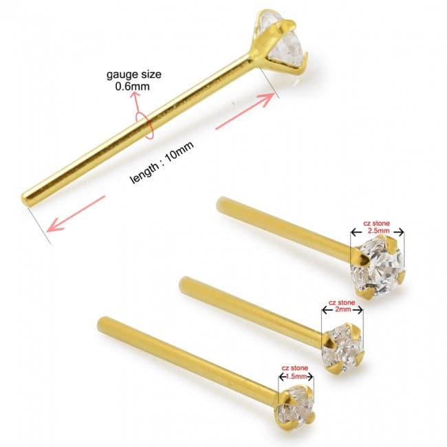 9K Gold CZ Jewelled Straight Nose Stud - Monster Piercing