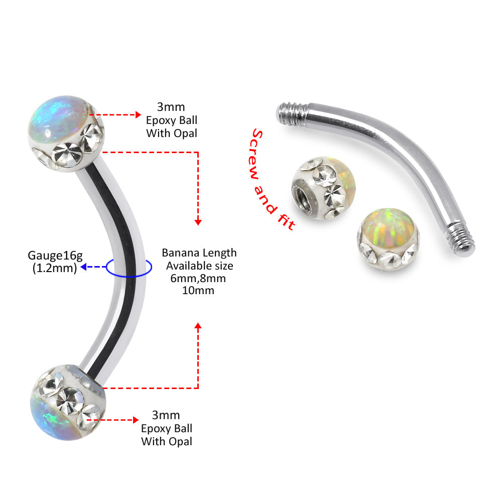316L Surgical Steel Multi CZ and Opal Jewelled Curved Eyebrow Bar - Monster Piercing