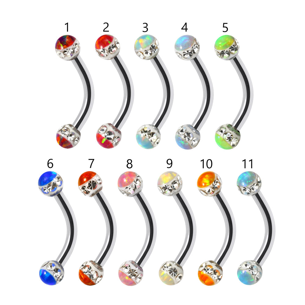 316L Surgical Steel Multi CZ and Opal Jewelled Curved Eyebrow Bar - Monster Piercing