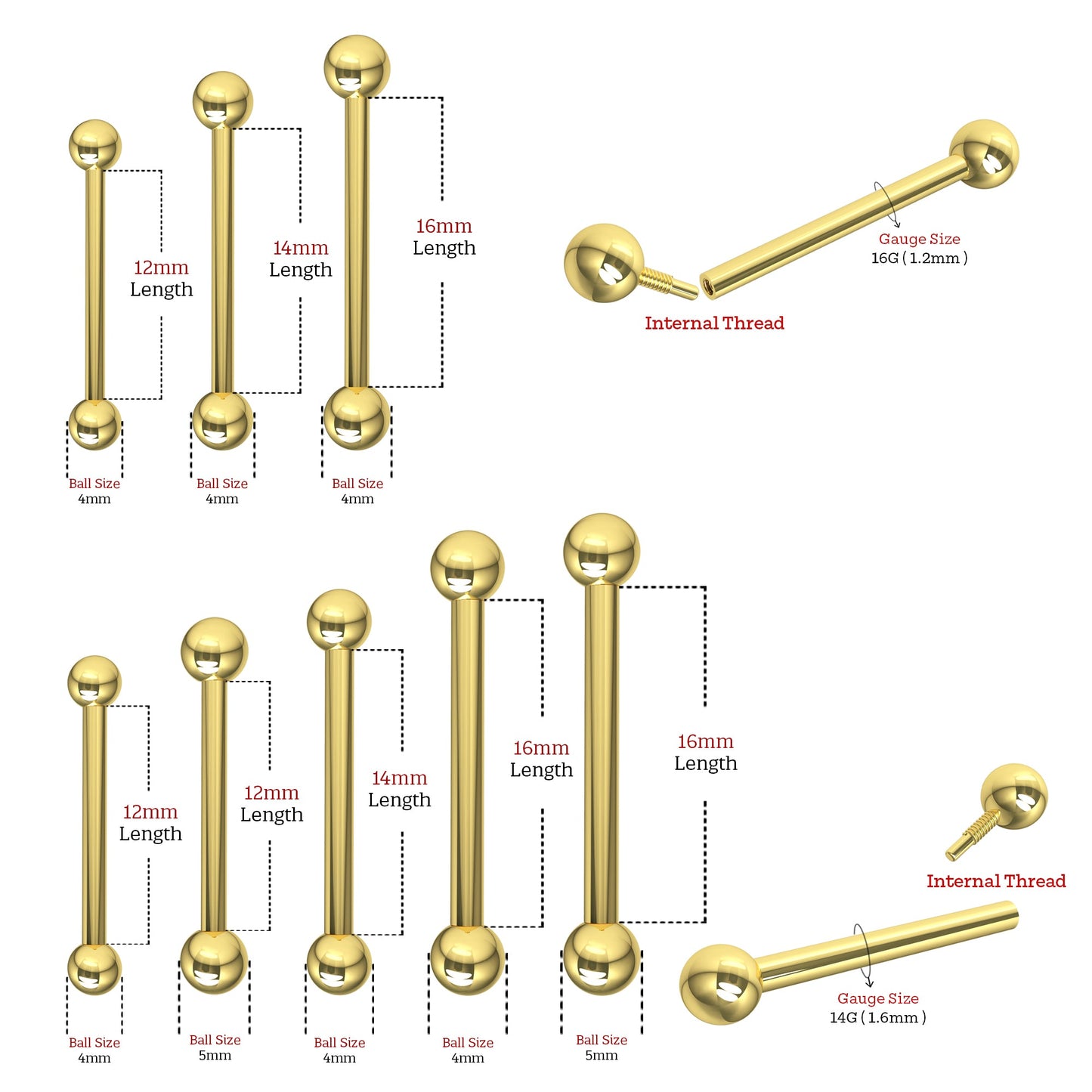 14K Gold Straight Tongue Barbell with Ball - Monster Piercing