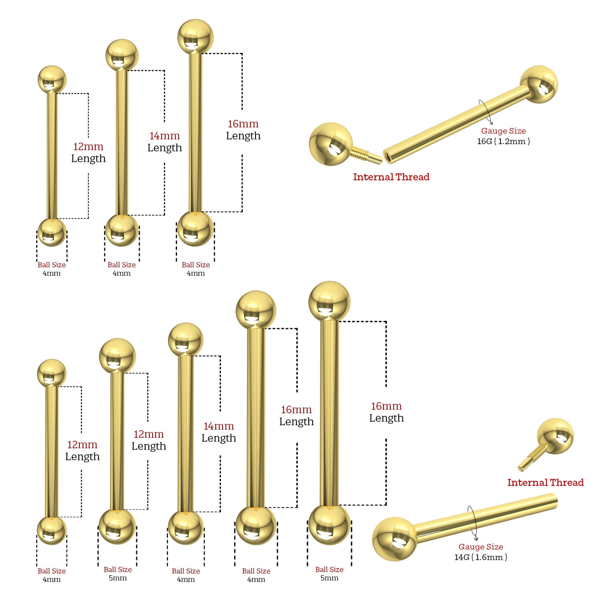 14K Gold Straight Tongue Barbell with Ball - Monster Piercing