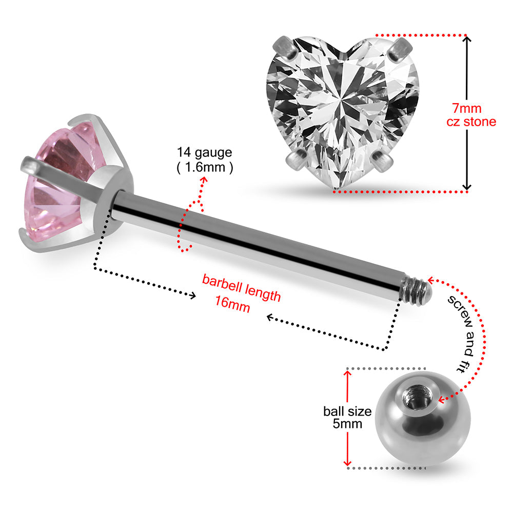 316L Surgical Steel Heart Shape Cubic Zirconia Jewelled Tongue Bar - Monster Piercing